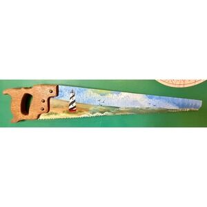 Hand Carved Wooden Saw Cape Hatteras Lighthouse Coastal Folk Art Nautical Decor